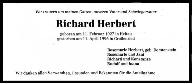 Herbert Richard 1927-1996 Todesanzeige